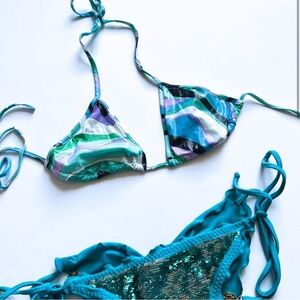 Rare Emilio Pucci Shimmer HTF Blue/Purple/Green Print Bikini Top 38